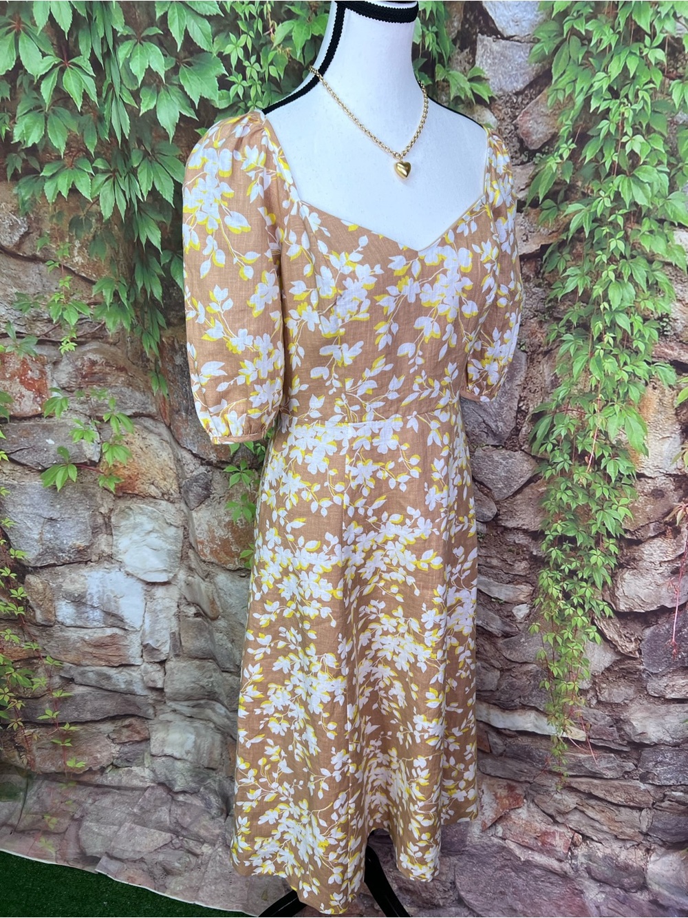 DRAPER JAMES Camel Cottagecore Floral Linen Sweetheart Neckline Dress, 2 - Picture 12 of 14